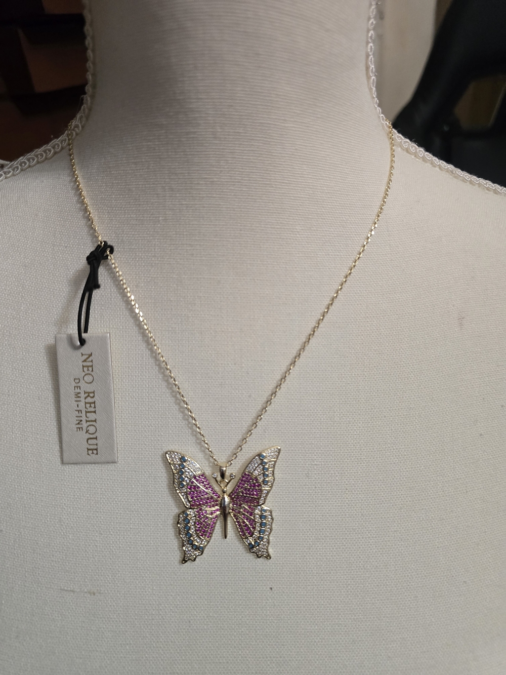 Gold Butterfly Necklace with Pink and Blue Accents